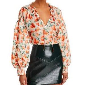 Alice + Olivia Julius Blouse Top Silk Blend Floral Tie Sheer Long Sleeve Small